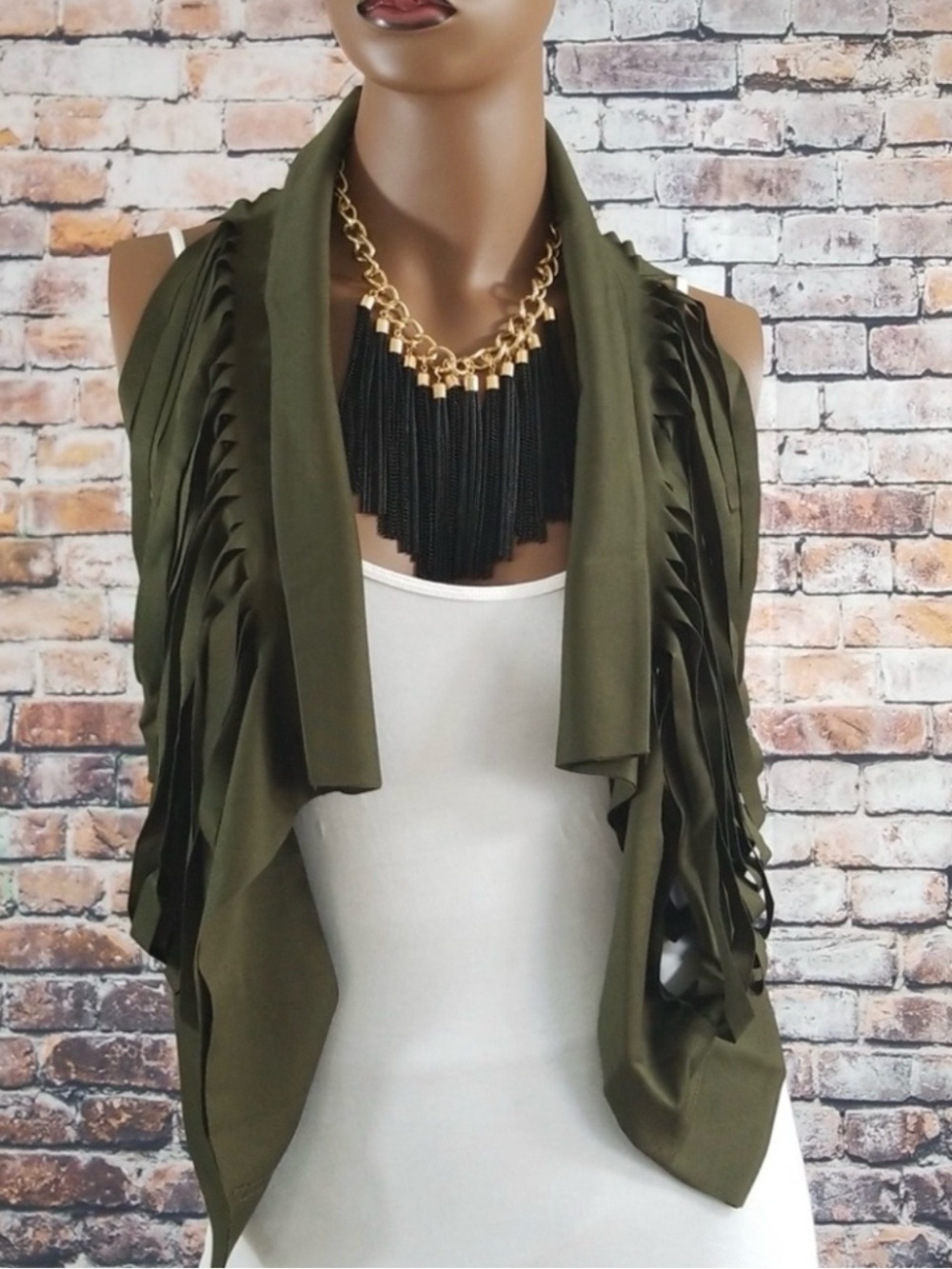 Gracia Olive Green Fringe Draped Vest - Women Accessories